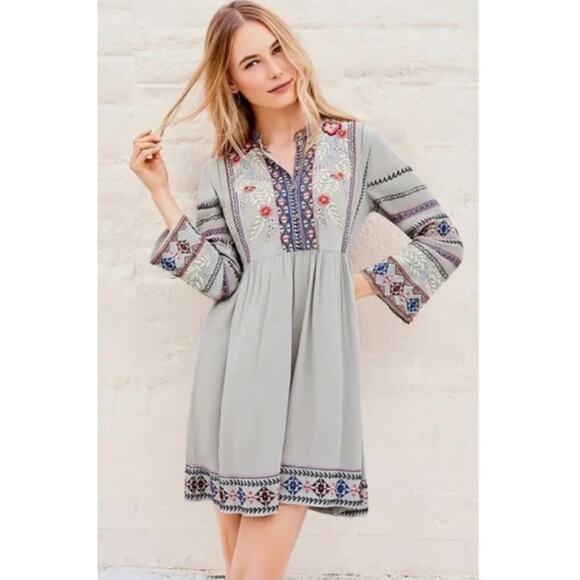 Johnny Was Ellie 100% Silk Boho Embroidered Wide Hem Dress Size XS - Picture 2 of 15
